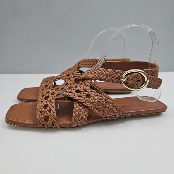 Stuart Weitzman Thea Sandal Womens 8 Tan Woven Leather Flat Summer Designer - Picture 1 of 14